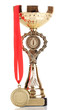 Trophy cup and medal isolated on white