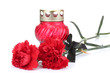 Memory lantern with candle,  carnations and black ribbon