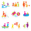 Set of Icons - Summer Time - Silhouette family. woman, man, kid,