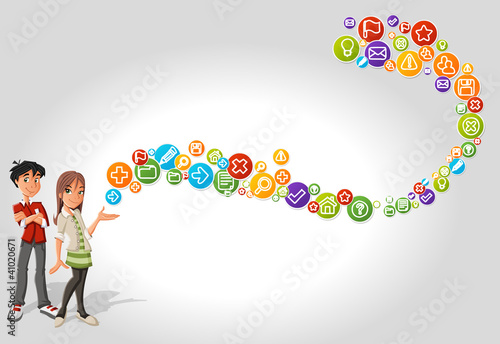 Vector: Teenager students and a wave of colorful web icons Teenager students and a wave of colorful web icons