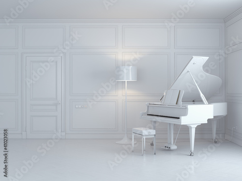 Illustration: white piano in a white interior white piano in a white interior