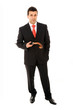 young business man with an umbrella against white background young business man with an umbrella against white background