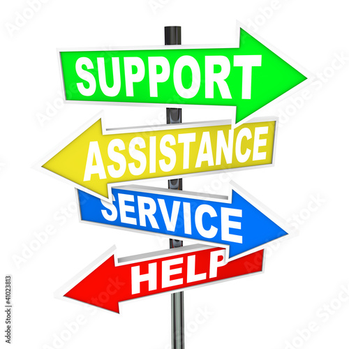 Illustration: Service Assistance Support Help Arrow Signs Point to Solution Service Assistance Support Help Arrow Signs Point to Solution