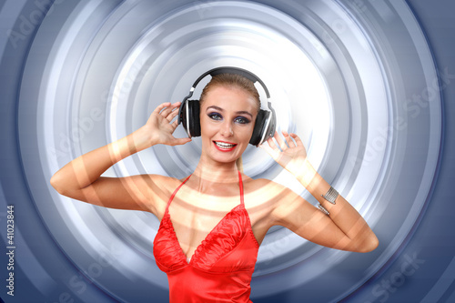 Illustration: Young woman in evening dress with headphones Young woman in evening dress with headphones