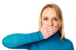 Photo: Woman covers her mouth with hand: Freedom of speech concept Woman covers her mouth with hand: Freedom of speech concept
