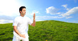 Man in white cloth in the morning at hill background