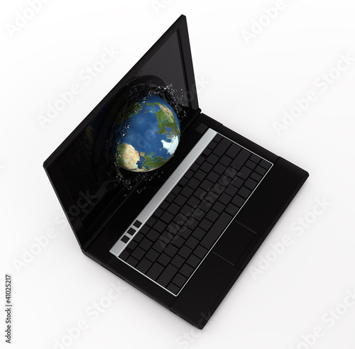 Illustration: globe falling with splashes into the computer monitor screen globe falling with splashes into the computer monitor screen