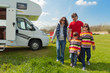 Family vacation in camping. Travel on motorhome with kids