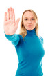Photo: Confident woman stop gesture sing with hand Confident woman stop gesture sing with hand