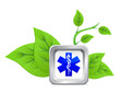 icon of medical caduceus symbol on a background of green plant