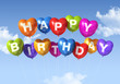 Illustration: Happy Birthday heart shape balloons in the sky Happy Birthday heart shape balloons in the sky