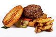 burger and fries with sauce