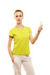 Smiling woman giving energy-saving bulb,  isolated on white