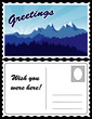 Retro Travel Postcard, snow, alpine mountain landscape, greeting