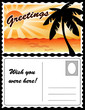 Retro Travel Postcard, tropical landscape, palm, sun, greetings