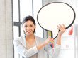 smiling businesswoman with blank text bubble