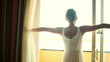 Видео: Girl opens the curtains in the morning Girl opens the curtains in the morning
