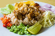 Close up mixed cooked rice with shrimp paste sauce