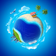 Mini planet concept. City center and tropical beach. Series.