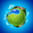 Mini planet concept. Three villages and pond. Series.