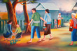 Mural of traditional Thai lifestyle, Wat Pa Nachuak, Mahasarakha Mural of traditional Thai lifestyle, Wat Pa Nachuak, Mahasarakha