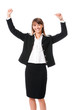Happy gesturing businesswoman , on white