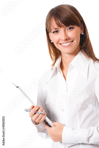 Photo: Businesswoman with blue folder, isolated Businesswoman with blue folder, isolated