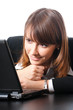 Businesswoman with laptop, isolated on white