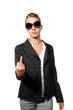 canvas print picture - businesswoman showing middle finger