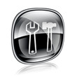 Tools icon black glass, isolated on white background.