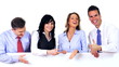 Group of business people with banner.