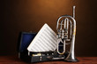 antique trumpet and clarinet in case
