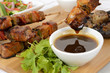 Pork kebabs with peppers. Salad, grilled mushroom & BBQ sauce