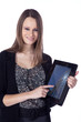 Hübsche junge Frau mit PC Display lächelt Hübsche junge Frau mit PC Display lächelt