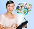 Woman holding her tablet computer and communicating Woman holding her tablet computer and communicating