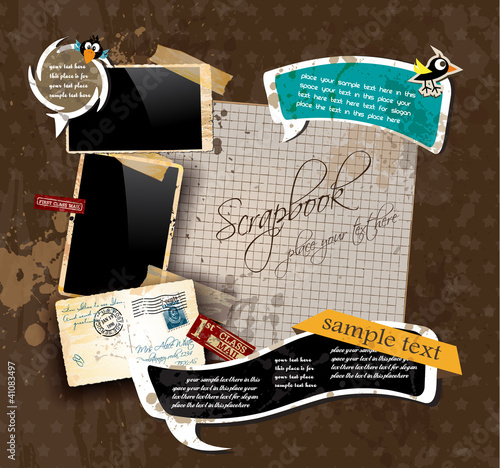 Vektor: Vintage scrapbook composition with old style stickers. Vintage scrapbook composition with old style stickers.