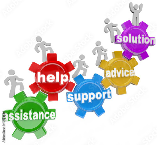 Illustration: People on Gears Helping Each Other to Reach Solution People on Gears Helping Each Other to Reach Solution