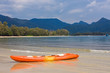 Orange kayak on the beach with blue mountain