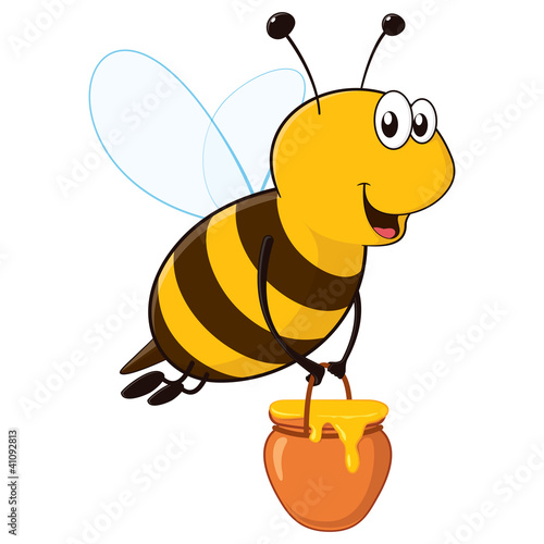 Vektor: Vector happy bee flying with a brimful jar of delicious honey Vector happy bee flying with a brimful jar of delicious honey