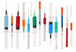 Many multicolor syringes isolated on white