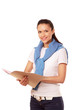 A young woman holding papers