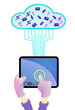 hand holding tablet PC and uploading data to cloud storage