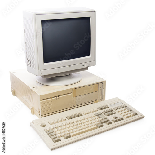 Photo: Old computer, keyboard CPU and monitor isolated on white Old computer, keyboard CPU and monitor isolated on white
