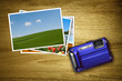 blue camera with photos