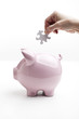 Hand dropping a puzzle piece into piggy bank