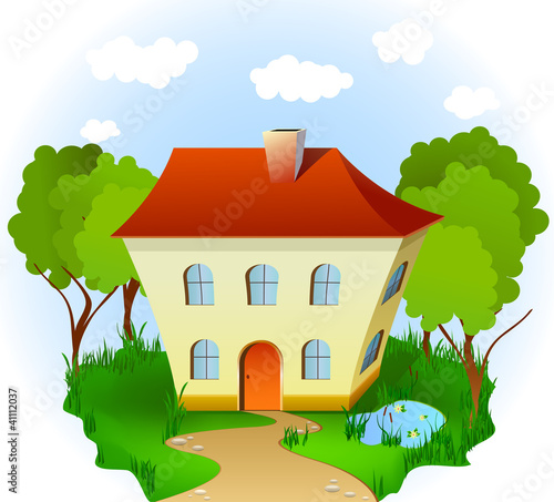 Vektor: House in grass with road, trees and pond. Vector House in grass with road, trees and pond. Vector