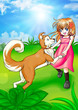 Cartoon illustration of a girl playing with her dog Cartoon illustration of a girl playing with her dog