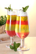 fruit jelly in glasses on tabla in cafe fruit jelly in glasses on tabla in cafe
