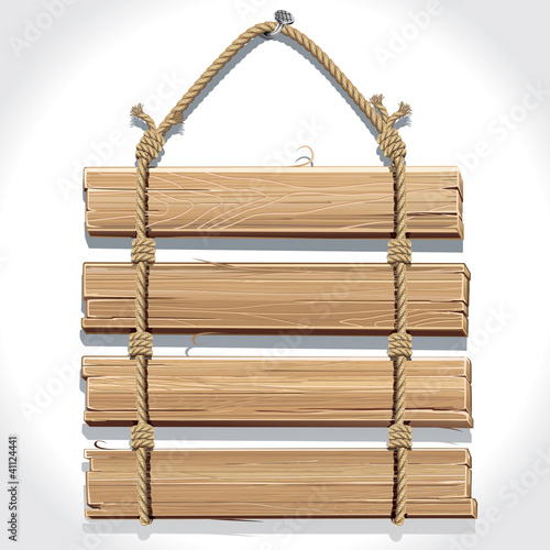 Vector: Wooden sign with rope hanging on a nail. Wooden sign with rope hanging on a nail.
