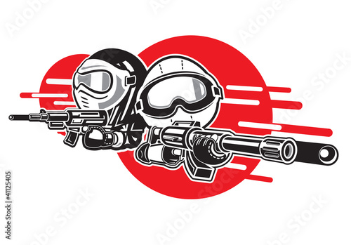 Vector: Cartoon Boy and Girl play airsoft guns. Cartoon Boy and Girl play airsoft guns.